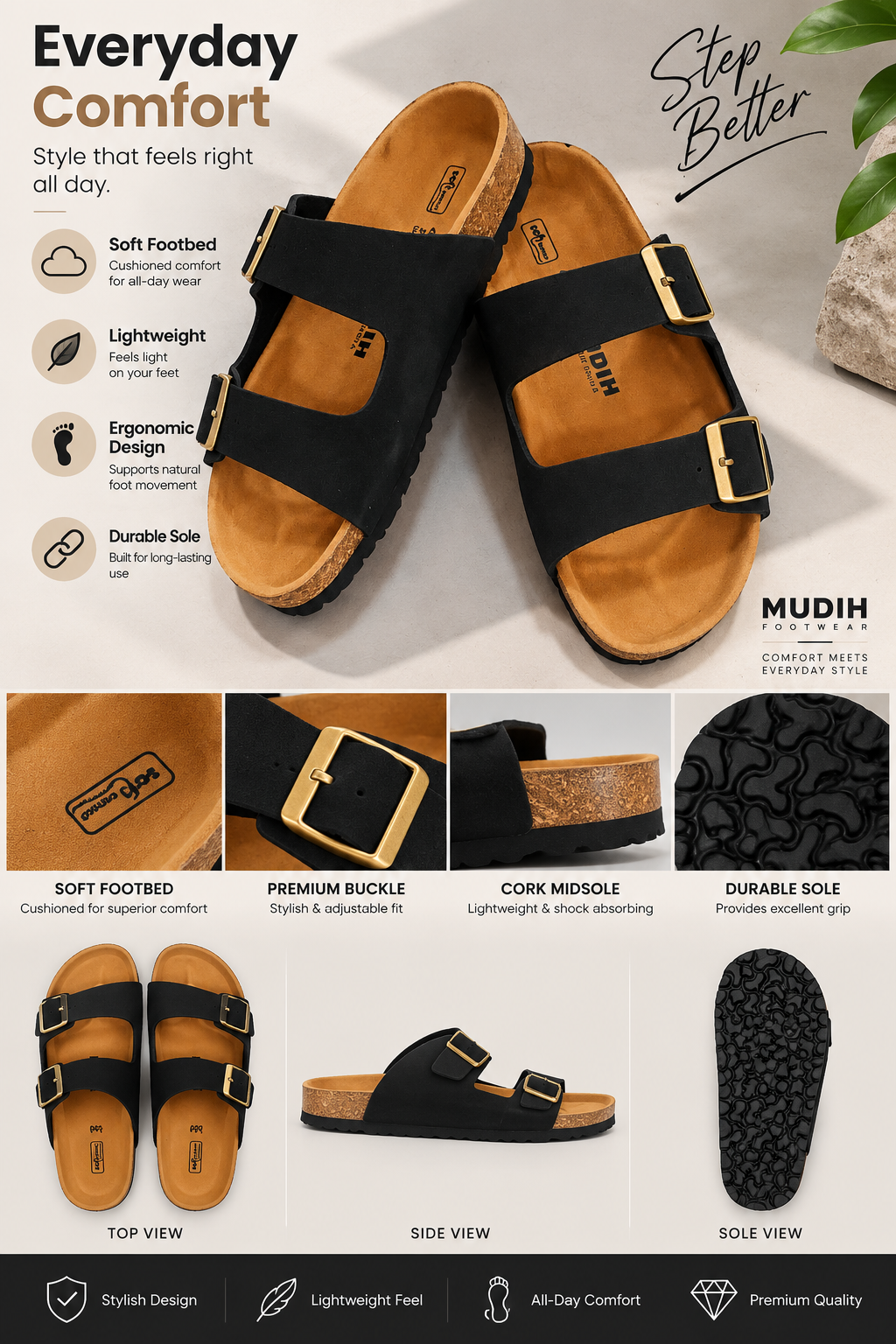 MUDIH Soft Footbed Suede Leather Sandals