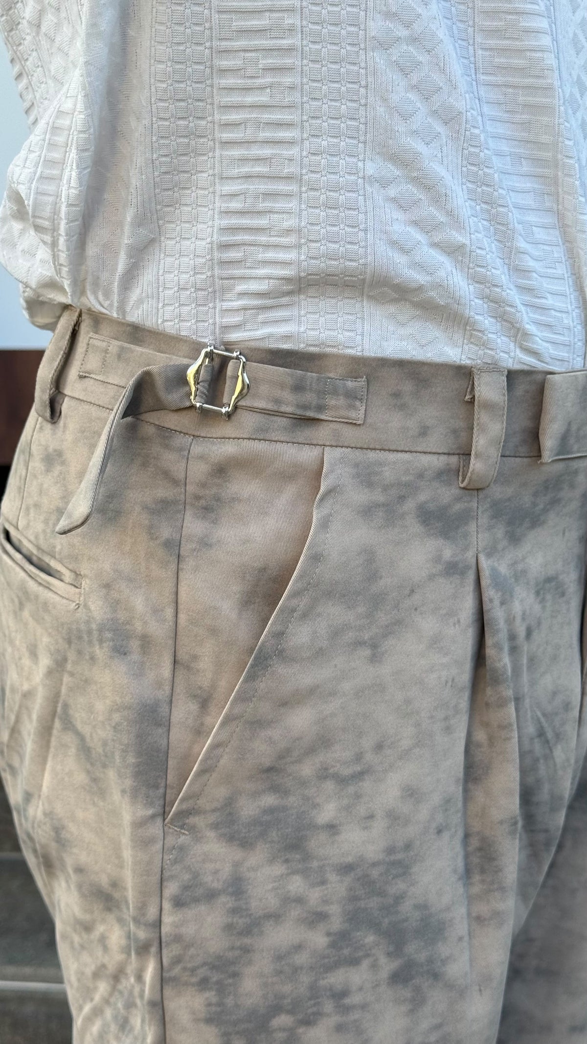 MUDIH Beige Italian Marble Print Relaxed Trousers