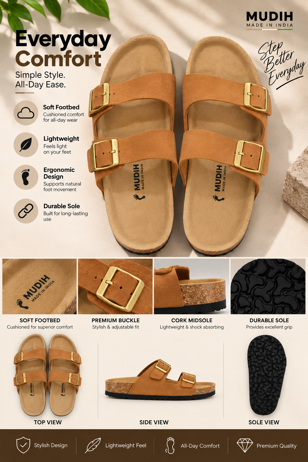MUDIH Soft Footbed Suede Leather Sandals