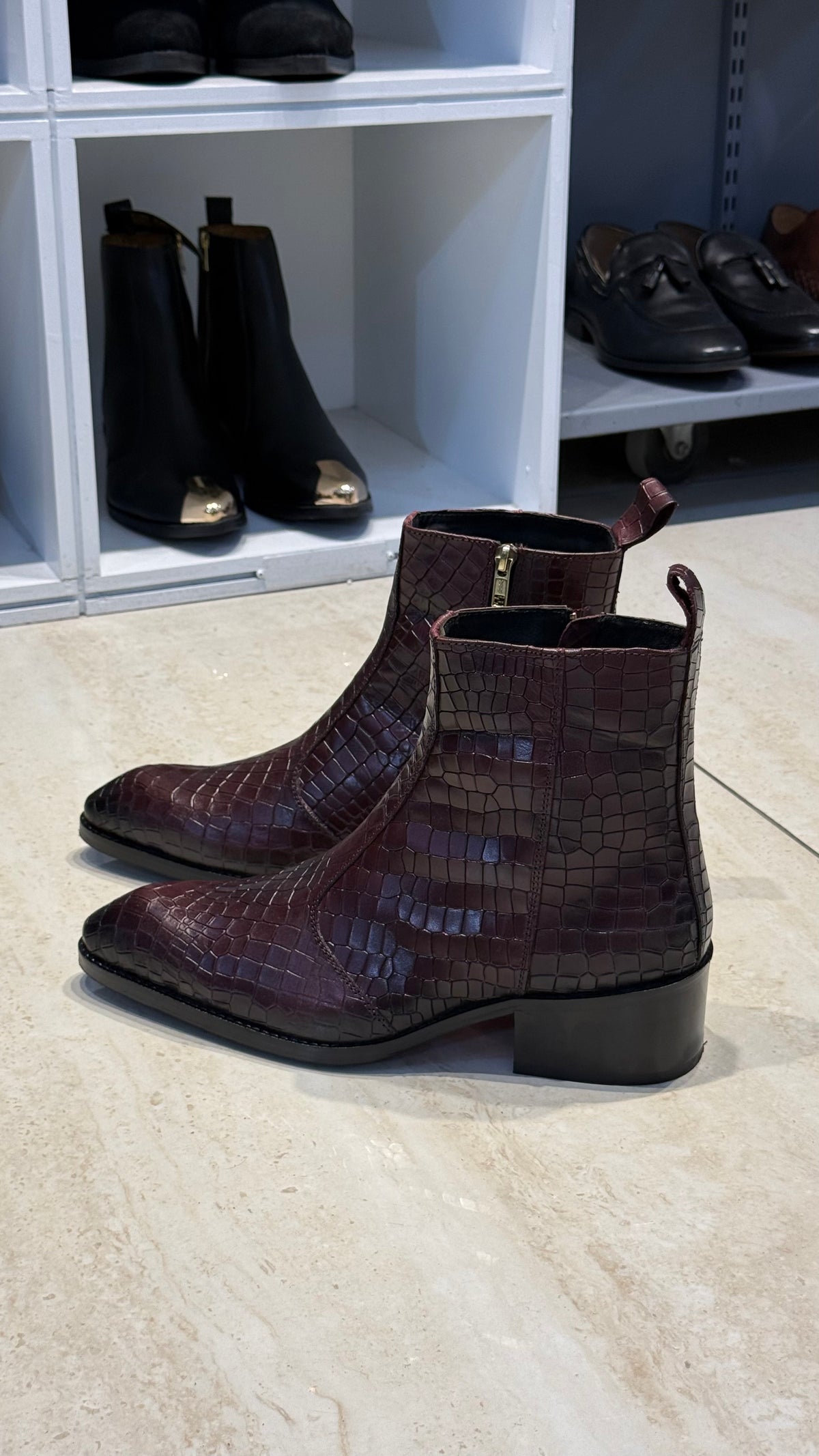 Cuban Heel Croco leather Burgundy Chelsea Boot