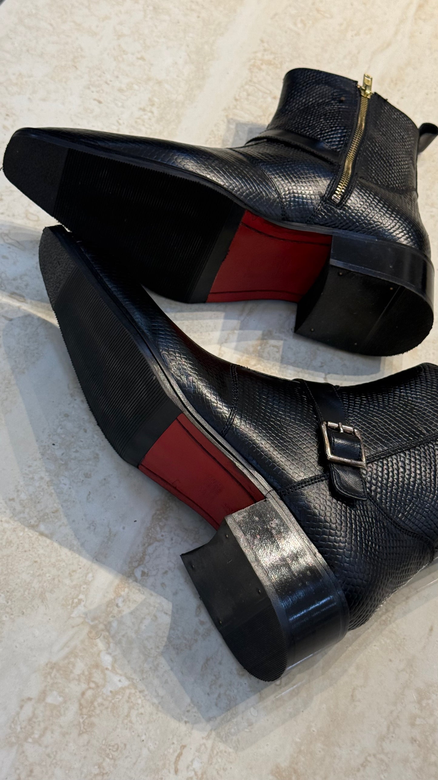 Cuban Heel Square-Toe Black Snake-Patterned leather Chelsea Boot