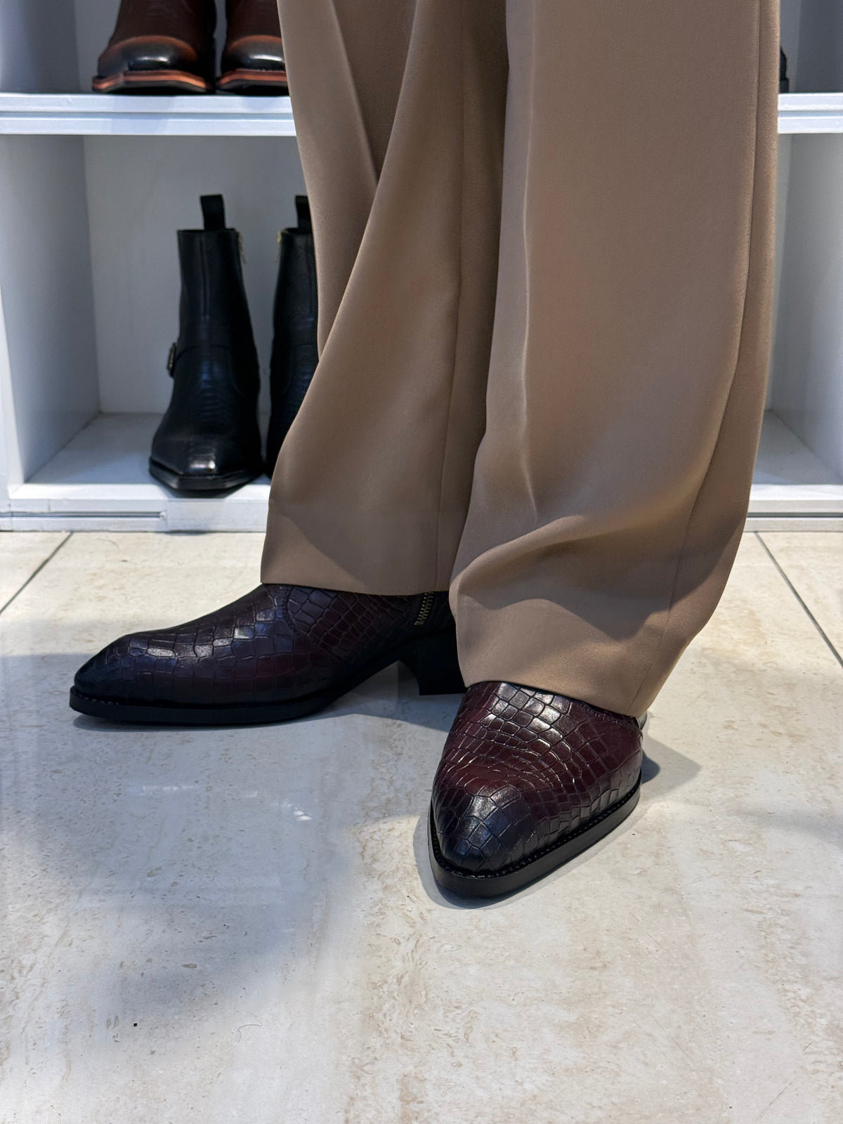 Cuban Heel Croco leather Burgundy Chelsea Boot