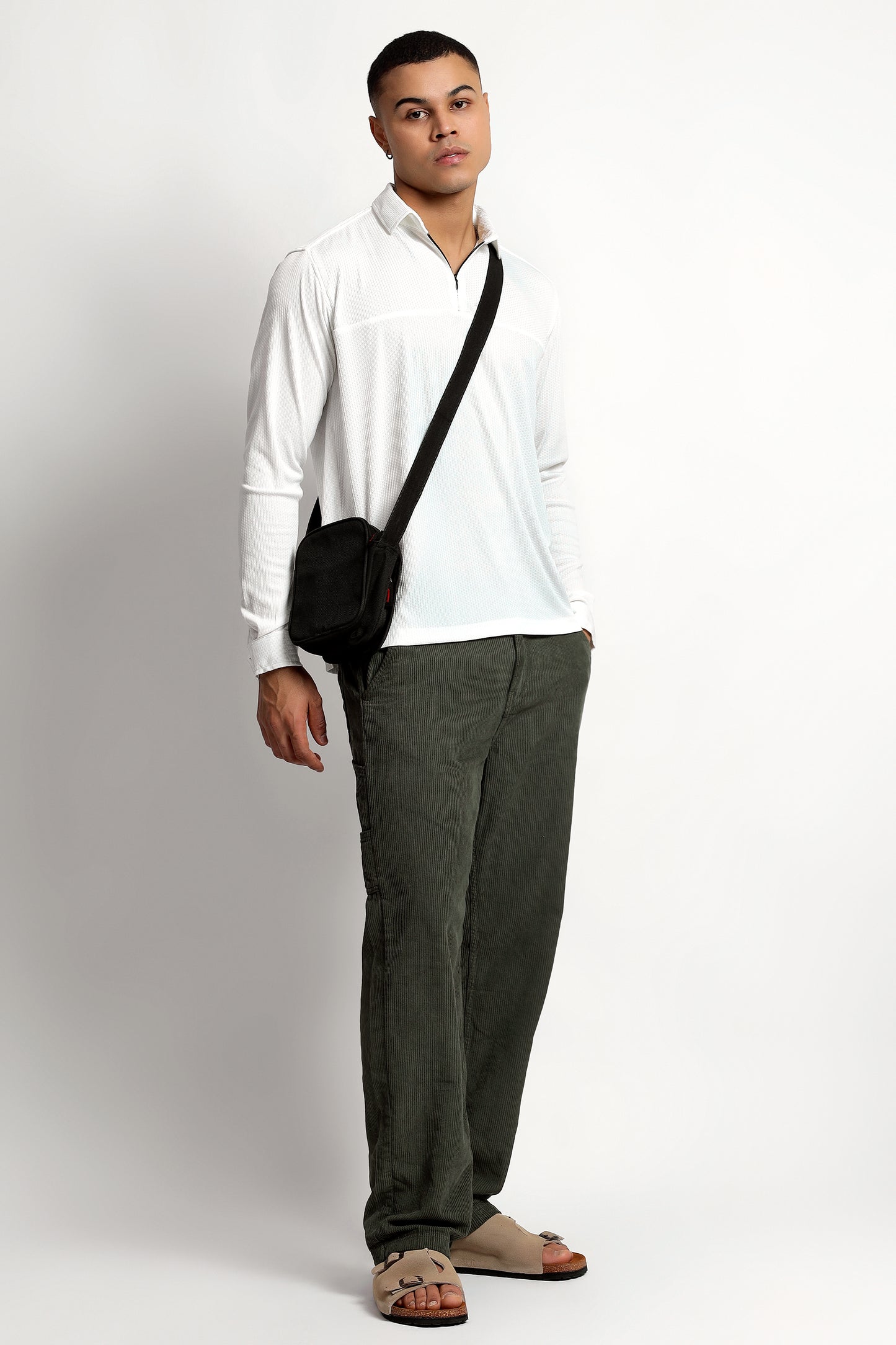 Regular Fit Half Zipper White Shirt