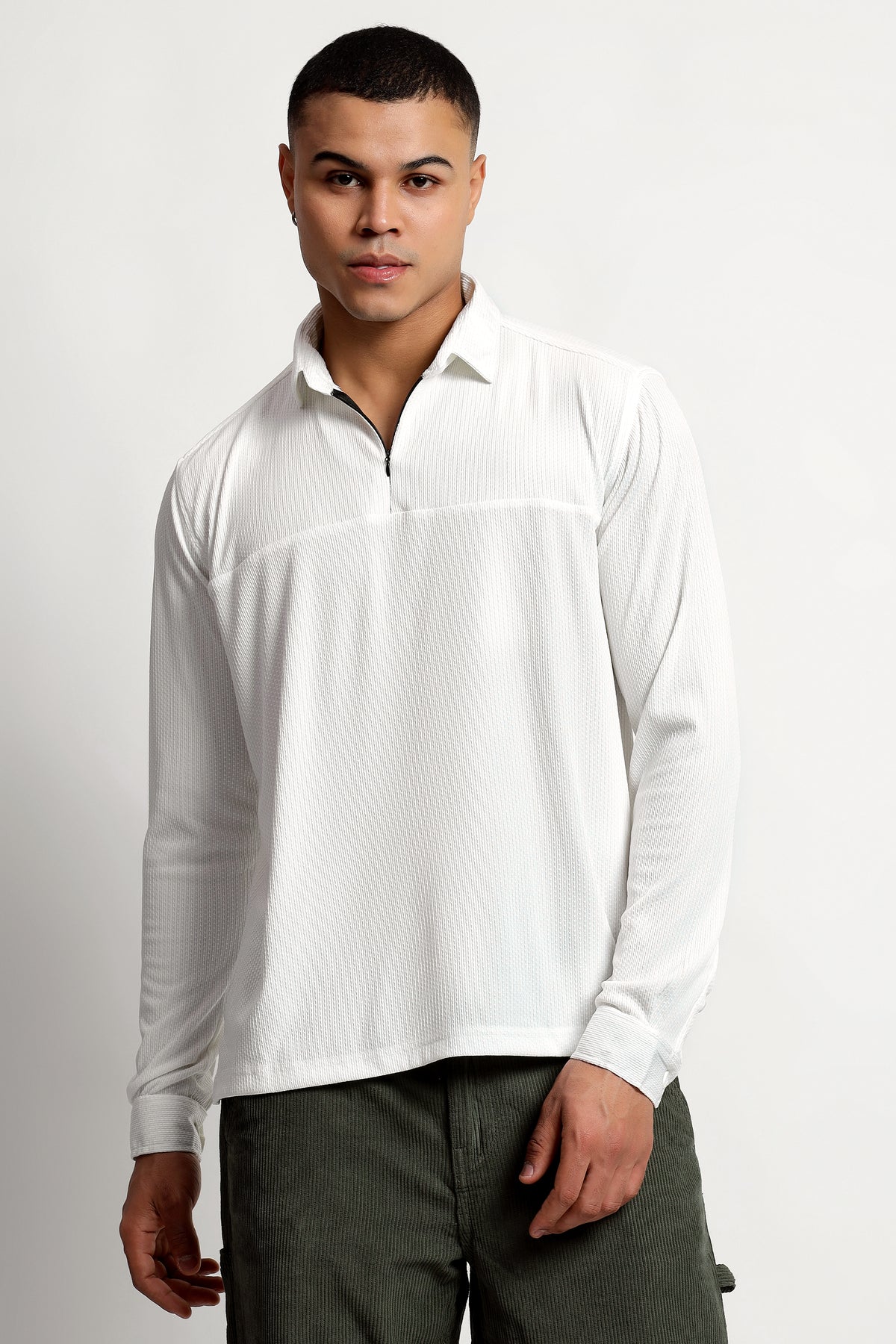 Regular Fit Half Zipper White Shirt