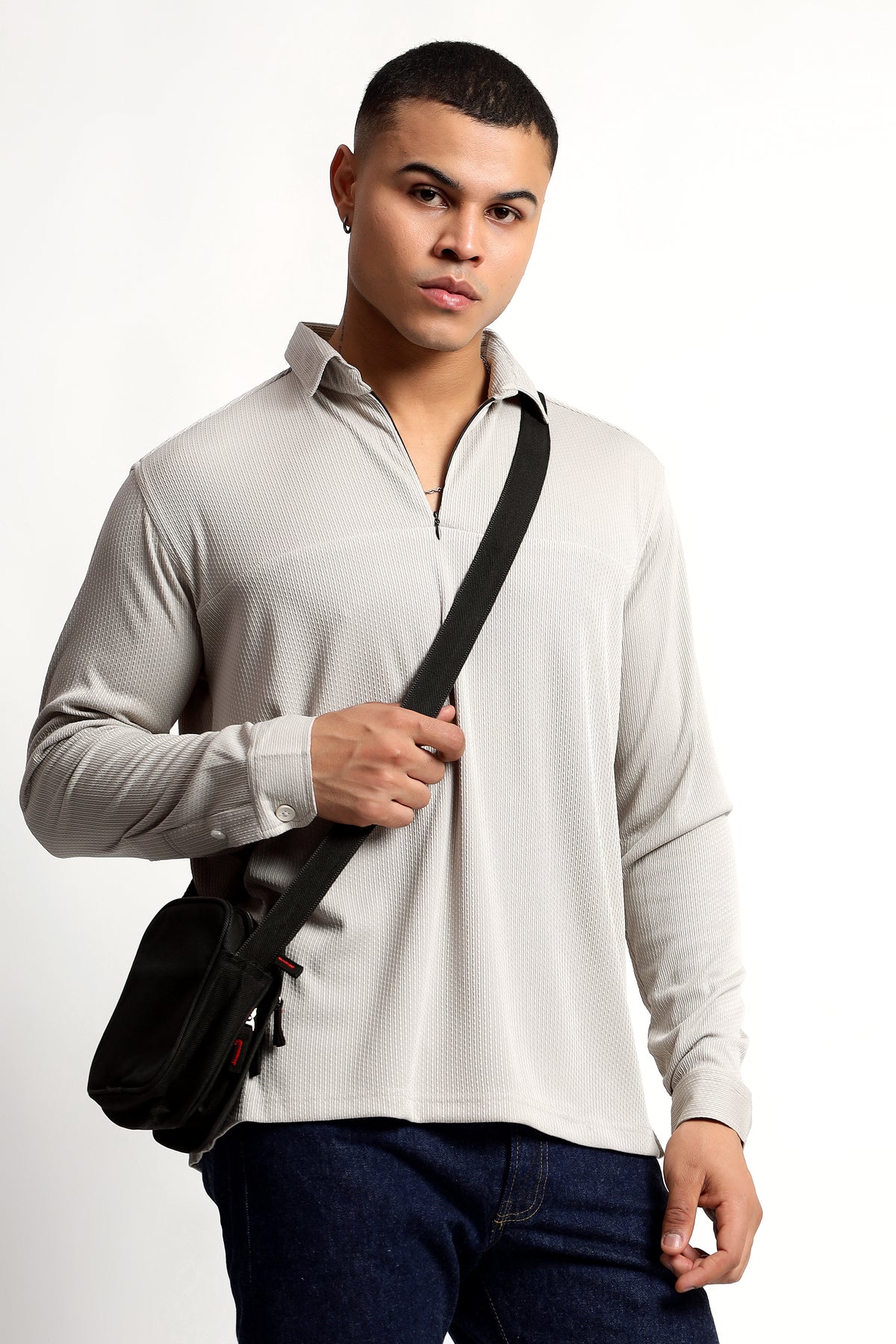 Regular Fit Half Zipper Light Grey Shirt