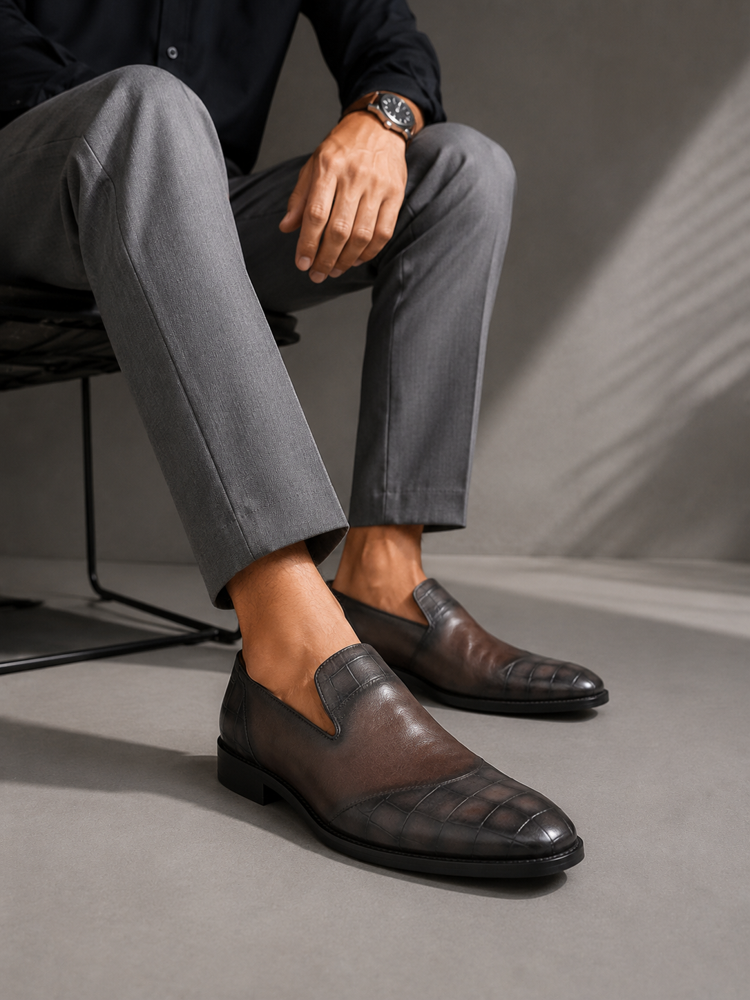 Men's Croc Textured Handmade Loafers | Brown & Black Slip-On Shoes