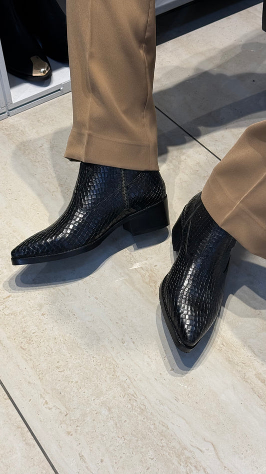 Croco leather Cuban Heel Black Chelsea Boot