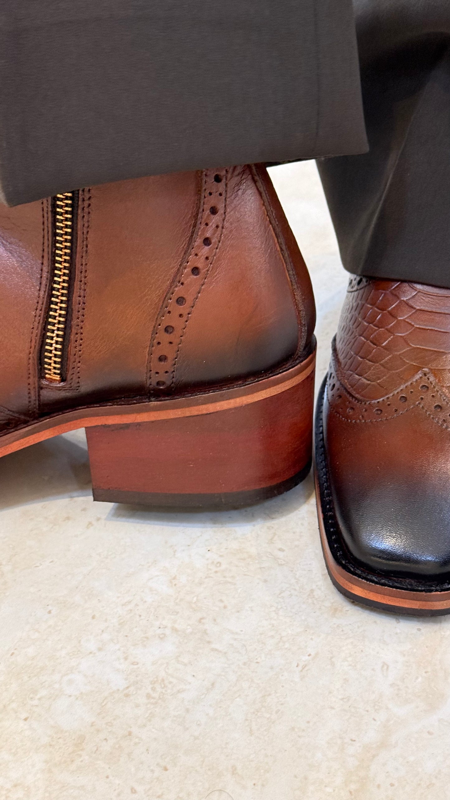 Cuban Heel Square-Toe Brogue Chelsea Boot