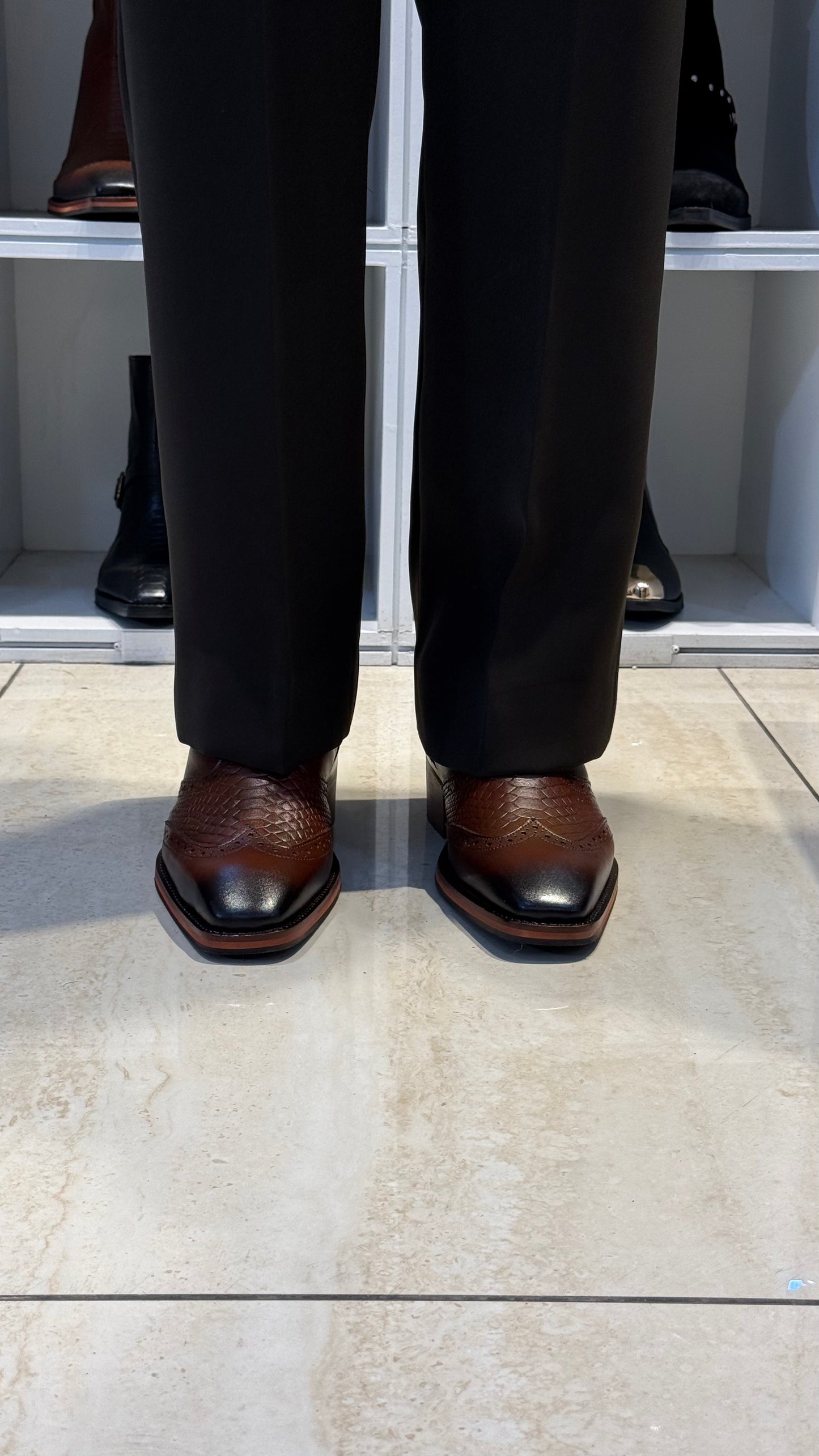 Cuban Heel Square-Toe Brogue Chelsea Boot