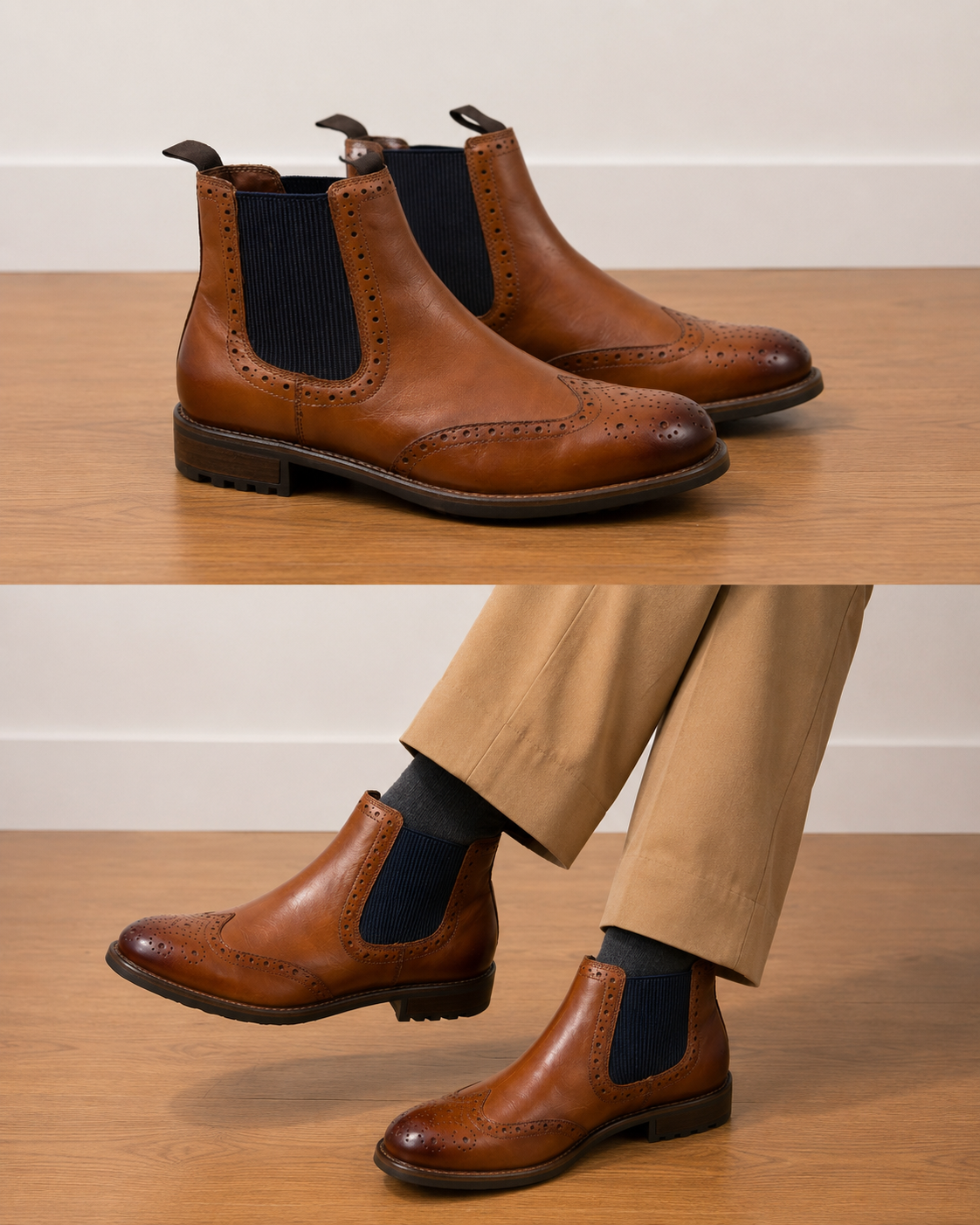 Premium Leather Wingtip Chelsea Boots – Tan