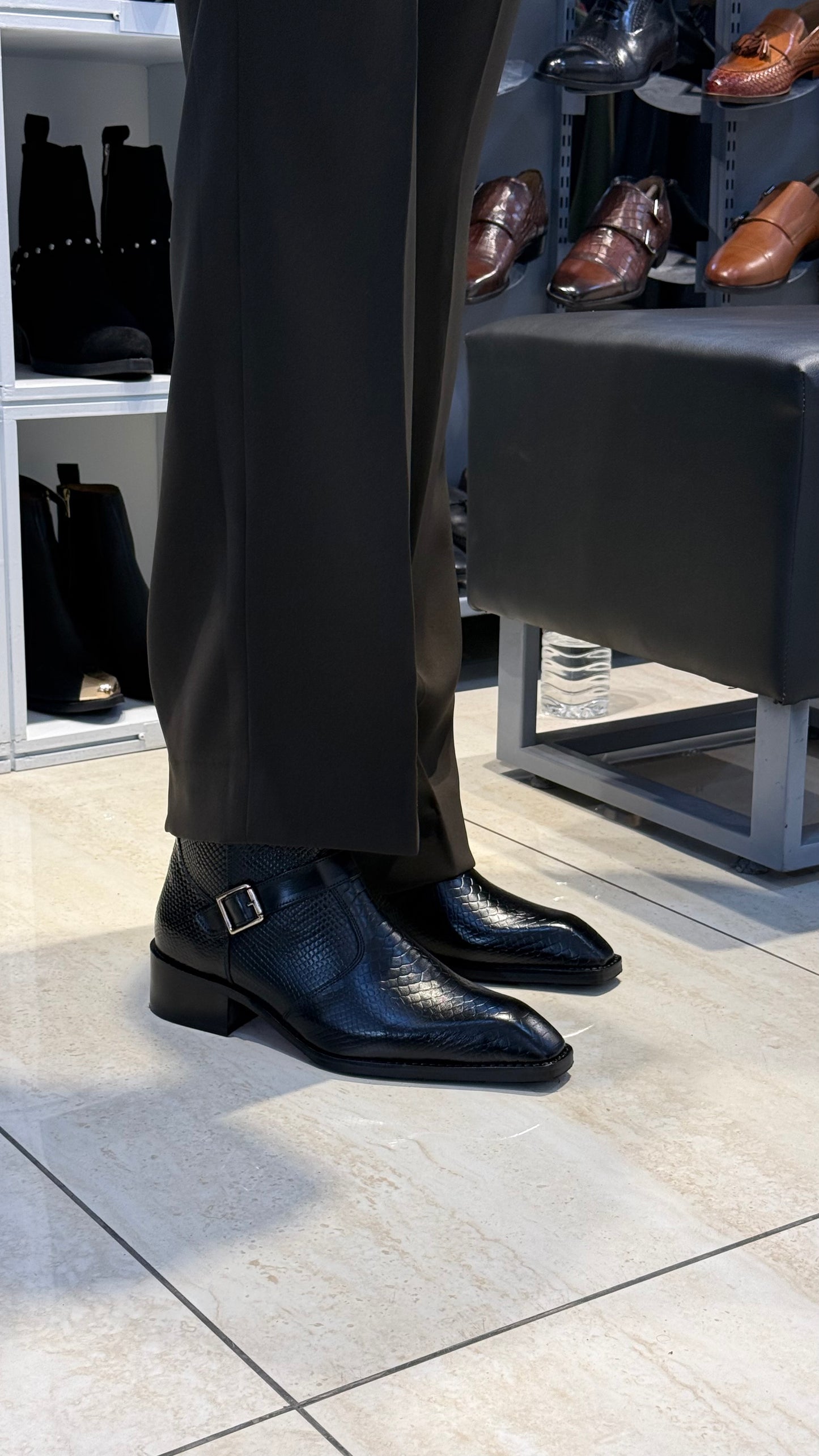Cuban Heel Square-Toe Black Snake-Patterned leather Chelsea Boot