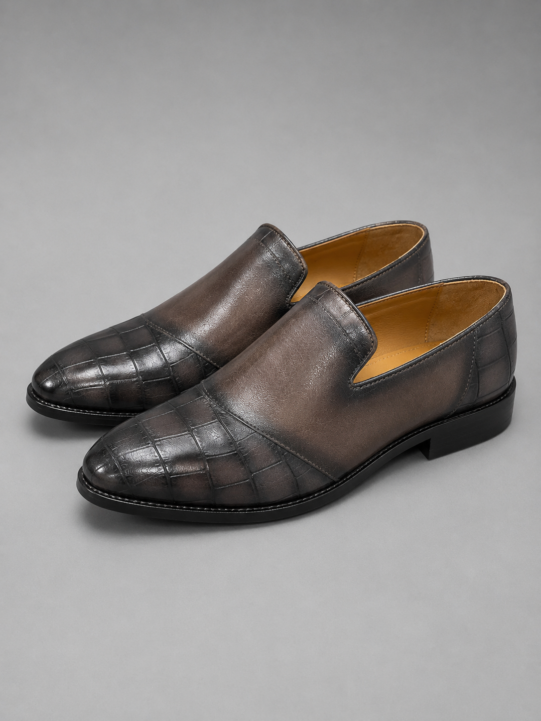 Men's Croc Textured Handmade Loafers | Brown & Black Slip-On Shoes