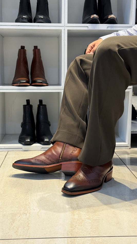 Cuban Heel Square-Toe Brogue Chelsea Boot