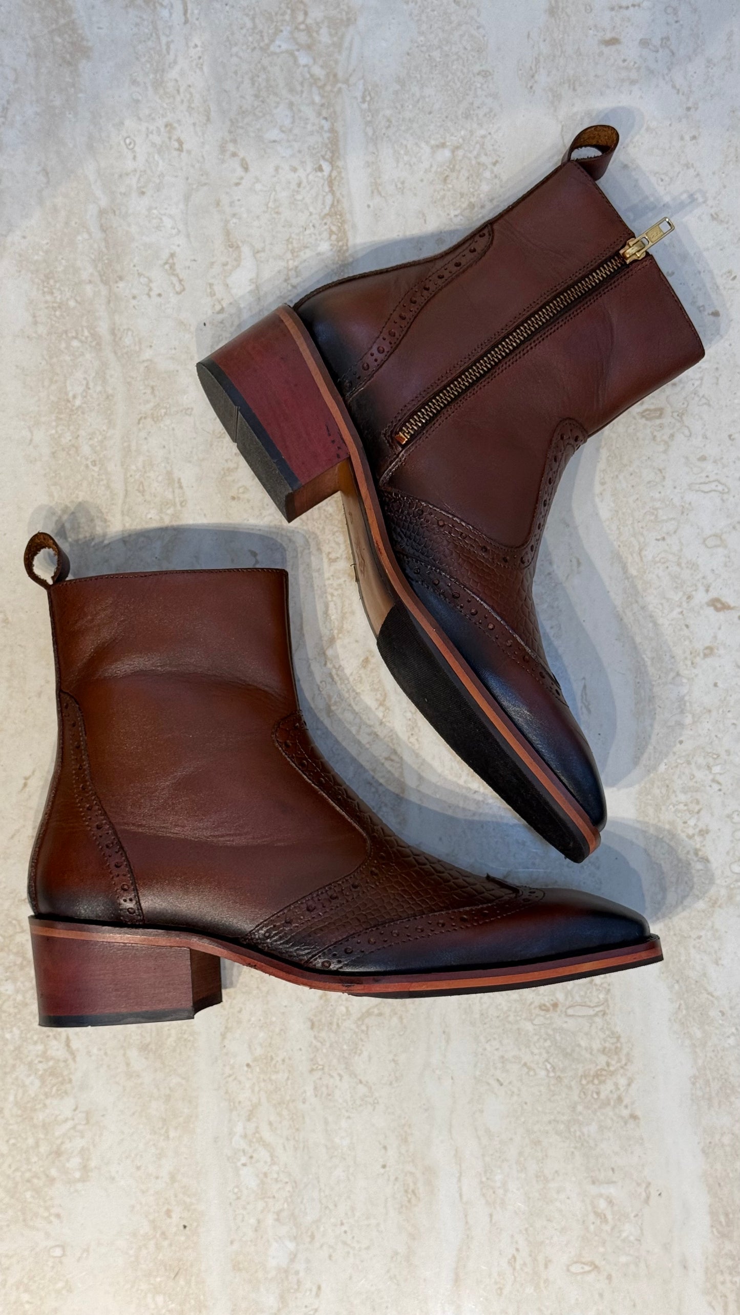 Cuban Heel Square-Toe Brogue Chelsea Boot