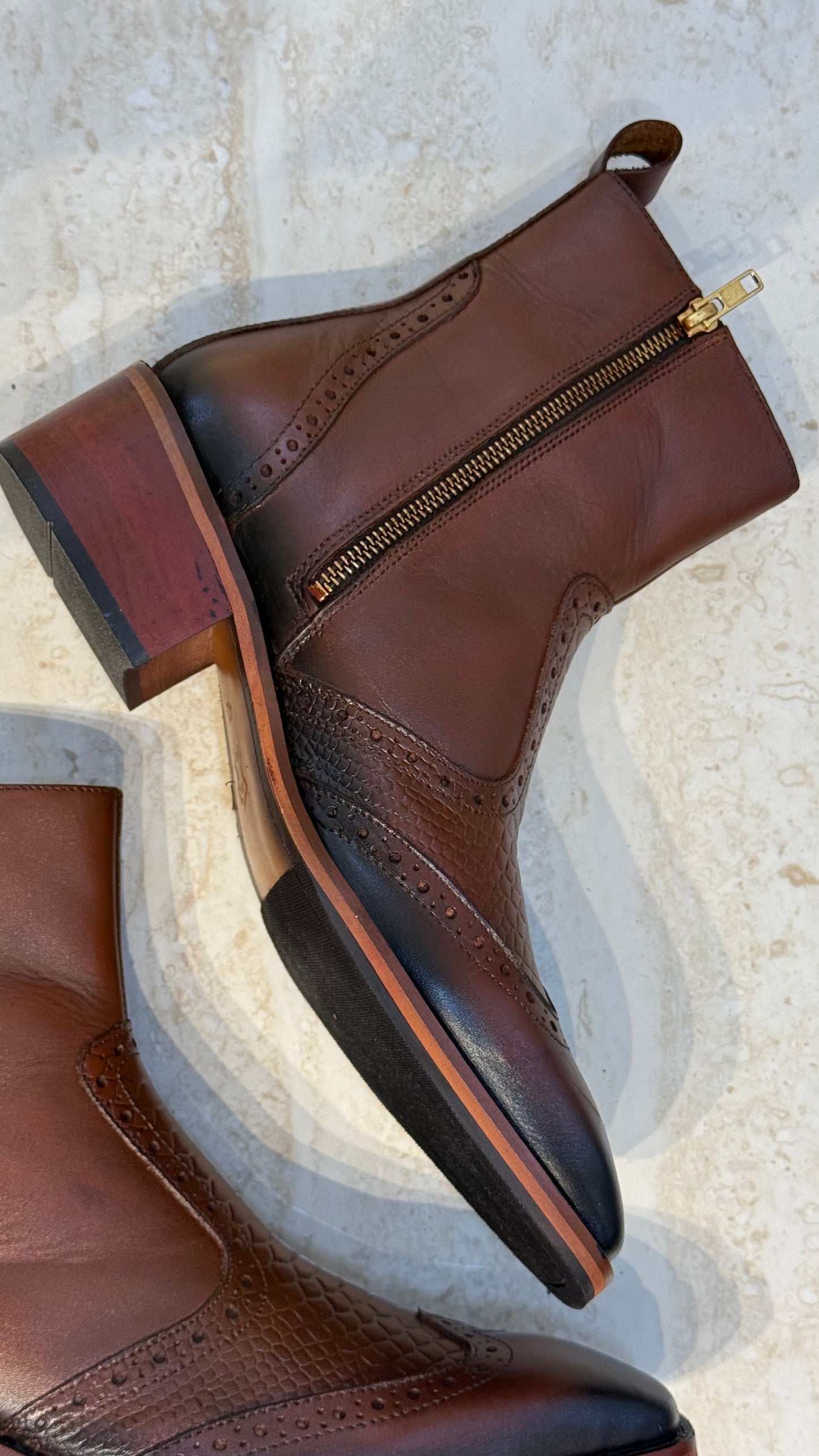 Cuban Heel Square-Toe Brogue Chelsea Boot