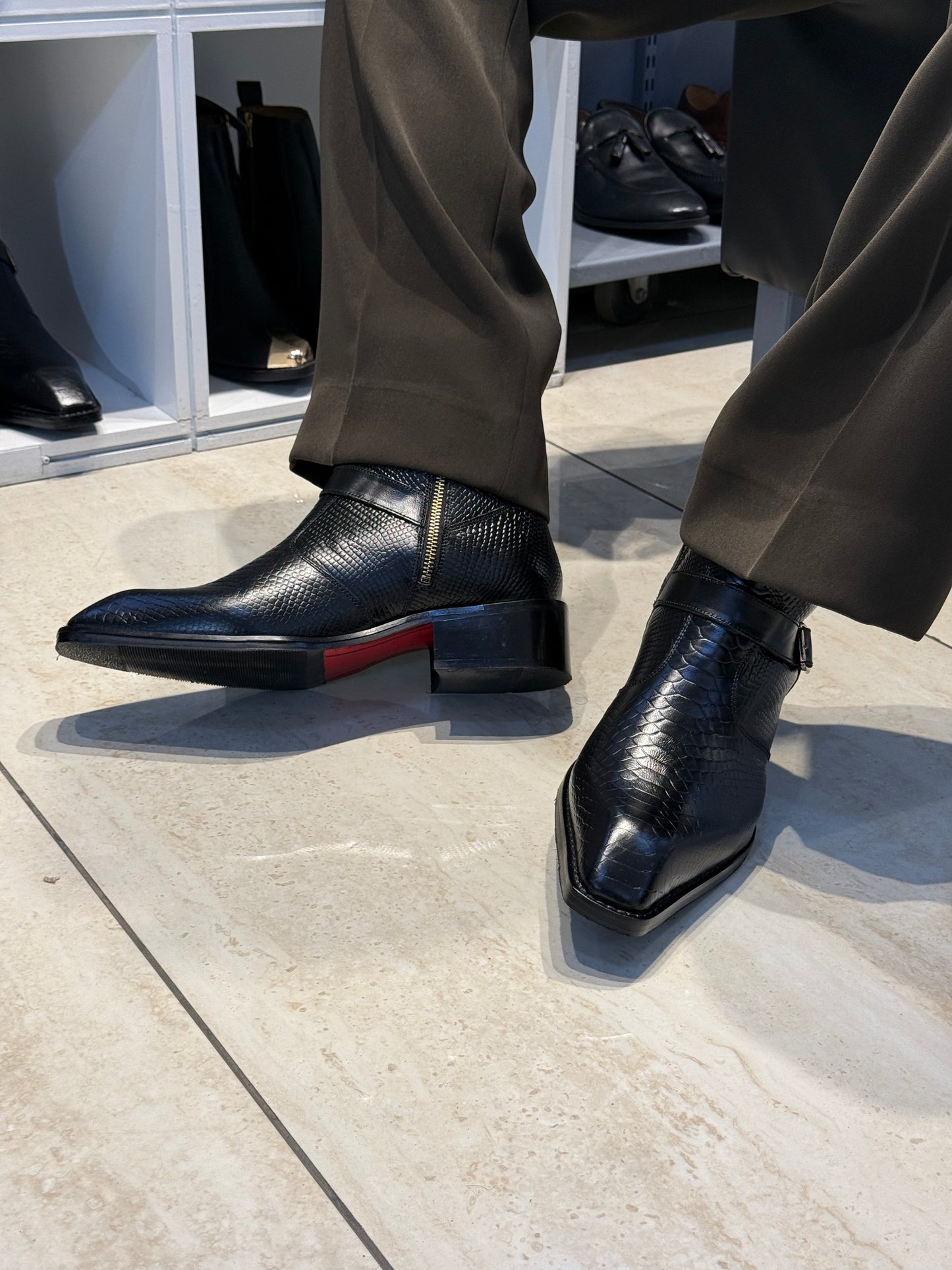 Cuban Heel Square-Toe Black Snake-Patterned leather Chelsea Boot