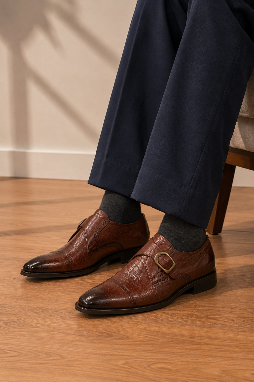 Croco Leather Single Monk Strap Oxford Shoes