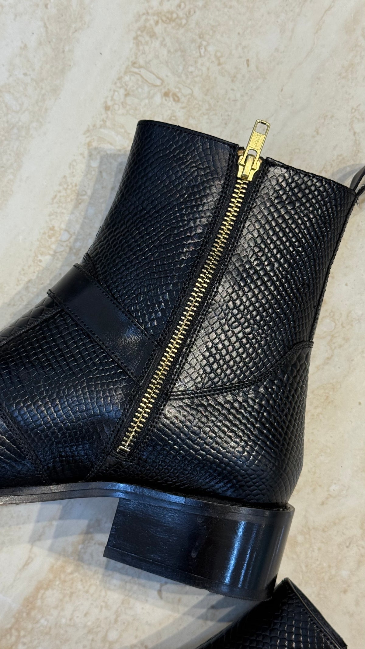 Cuban Heel Square-Toe Black Snake-Patterned leather Chelsea Boot