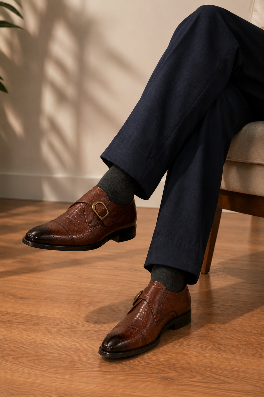 Croco Leather Single Monk Strap Oxford Shoes