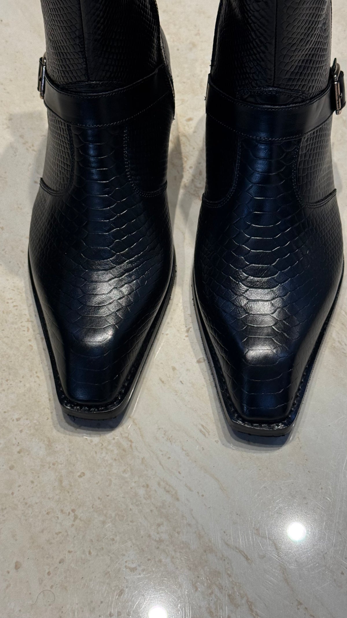 Cuban Heel Square-Toe Black Snake-Patterned leather Chelsea Boot
