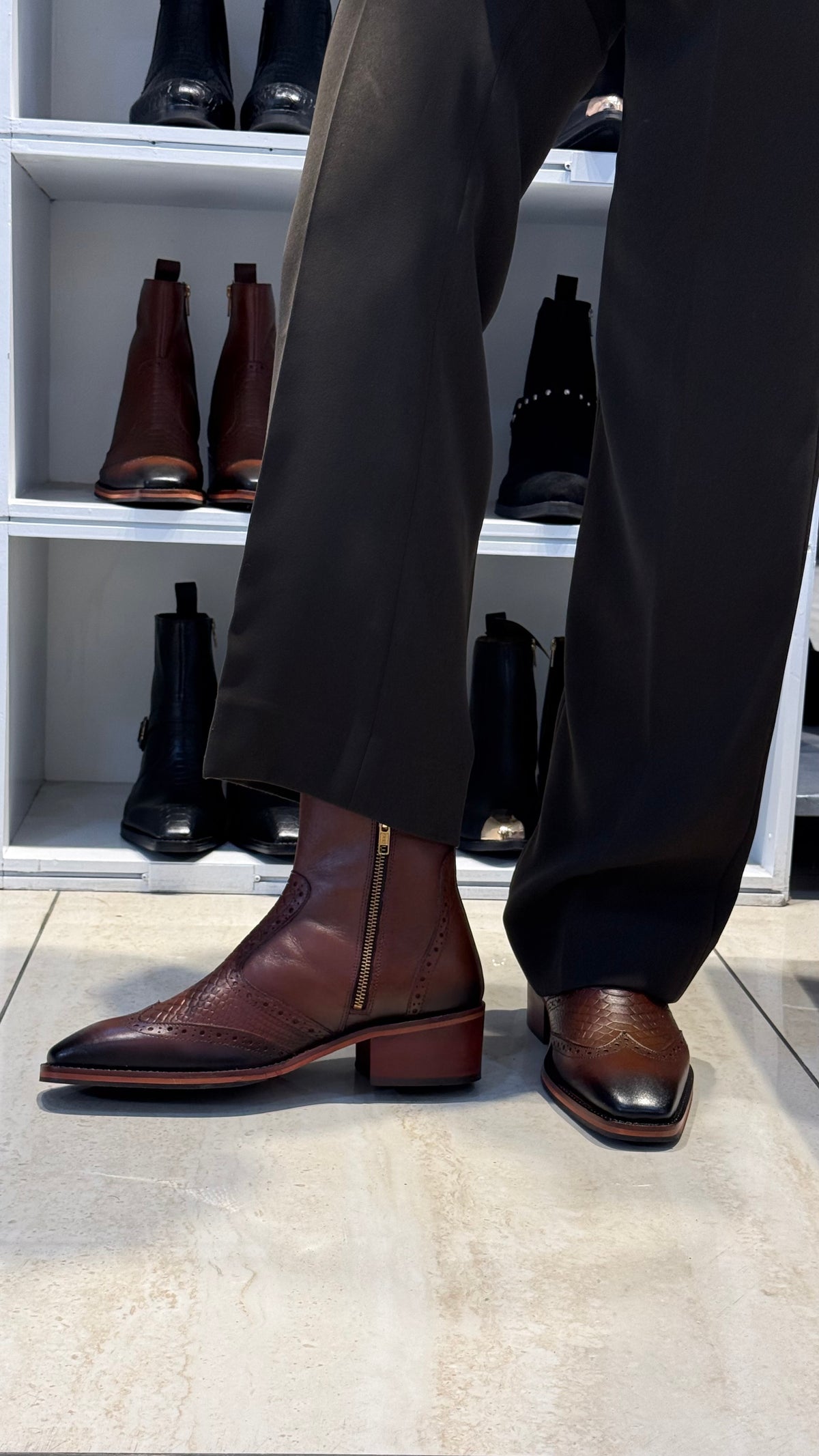 Cuban Heel Square-Toe Brogue Chelsea Boot