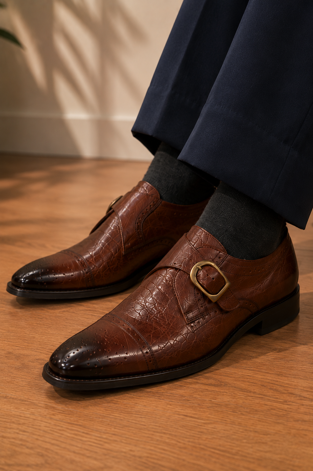 Croco Leather Single Monk Strap Oxford Shoes