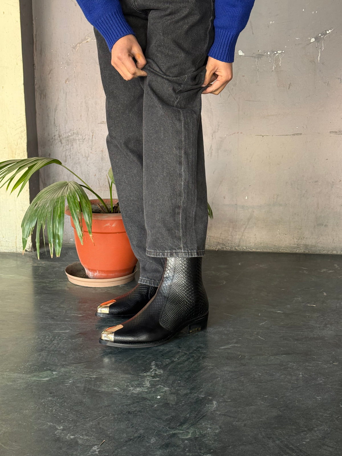 Cuban Heel Black Croco leather Chelsea | Hand Made|Pointed Brass Toe | Party Wear