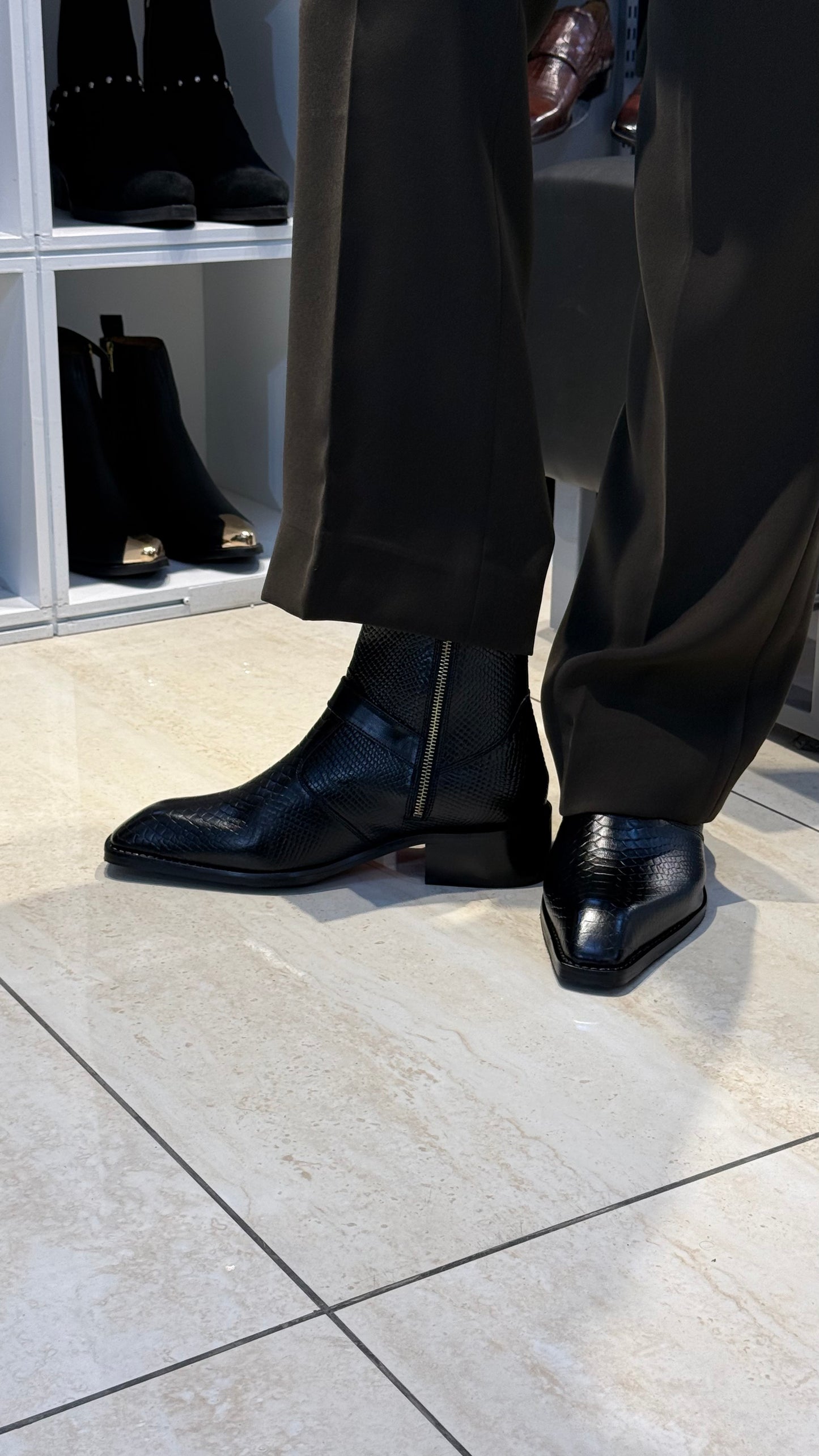 Cuban Heel Square-Toe Black Snake-Patterned leather Chelsea Boot