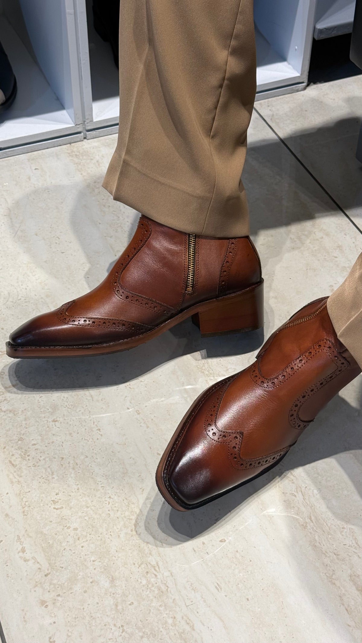 Cuban Heel Square-Toe Brogue Chelsea Boot