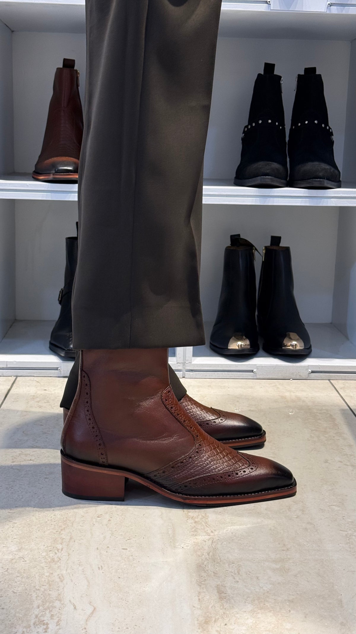 Cuban Heel Square-Toe Brogue Chelsea Boot