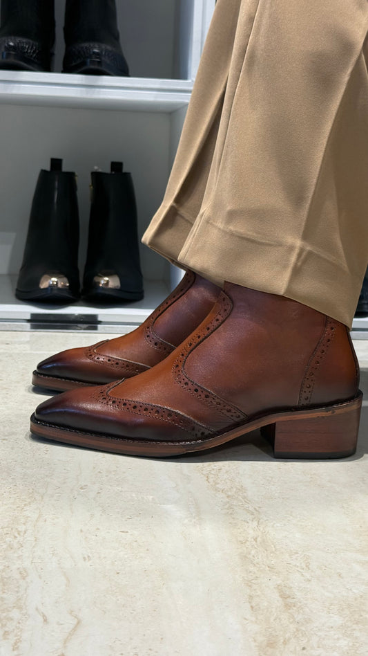 Cuban Heel Square-Toe Brogue Chelsea Boot