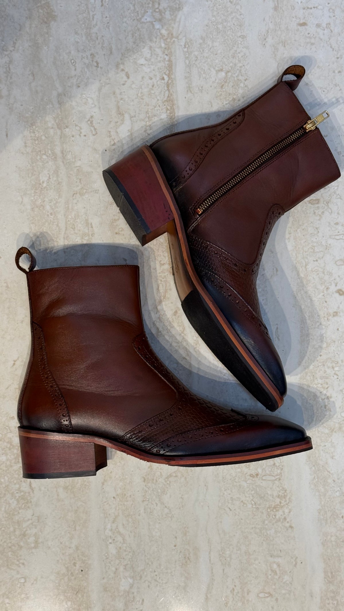Cuban Heel Square-Toe Brogue Chelsea Boot