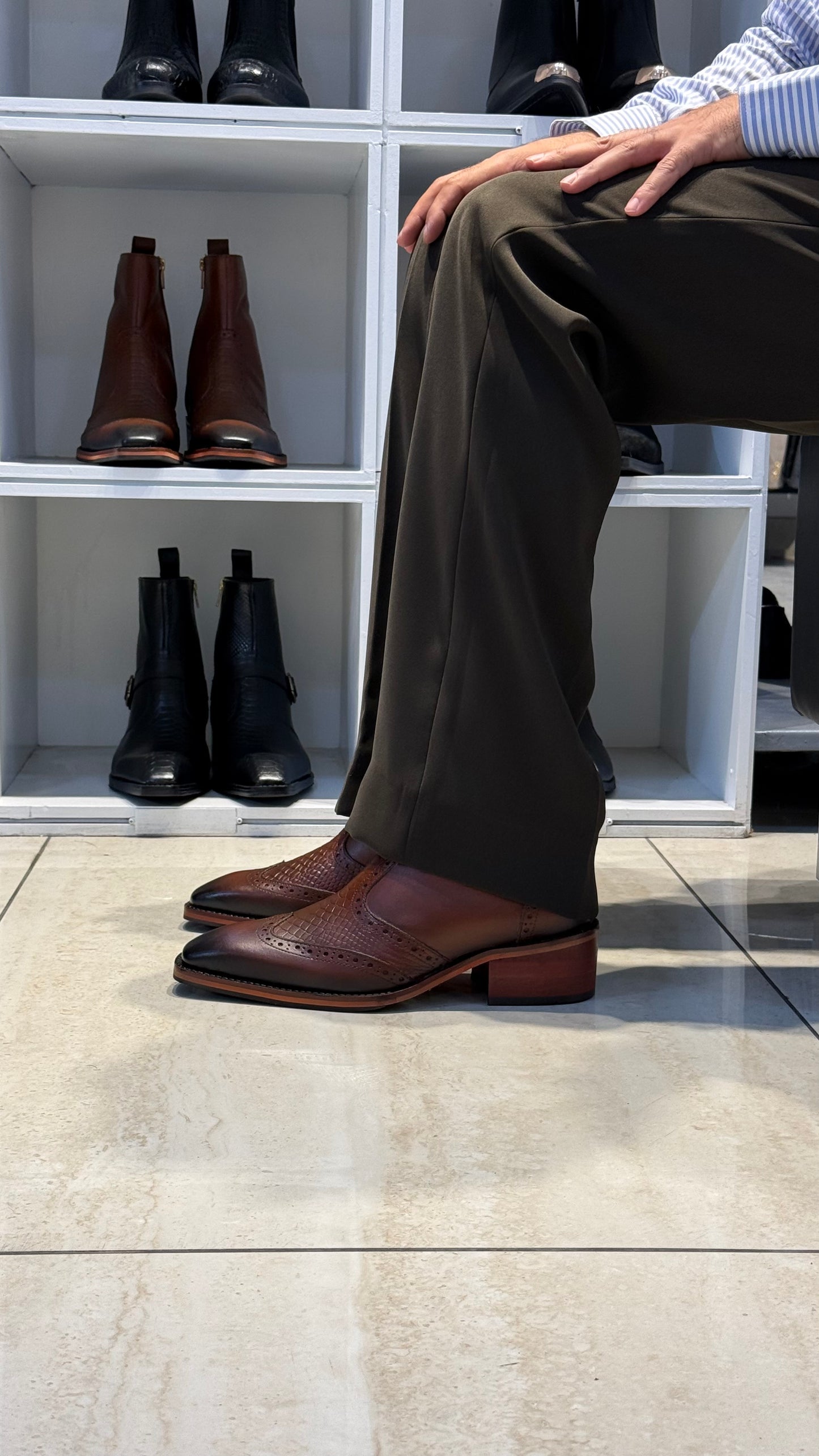 Cuban Heel Square-Toe Brogue Chelsea Boot