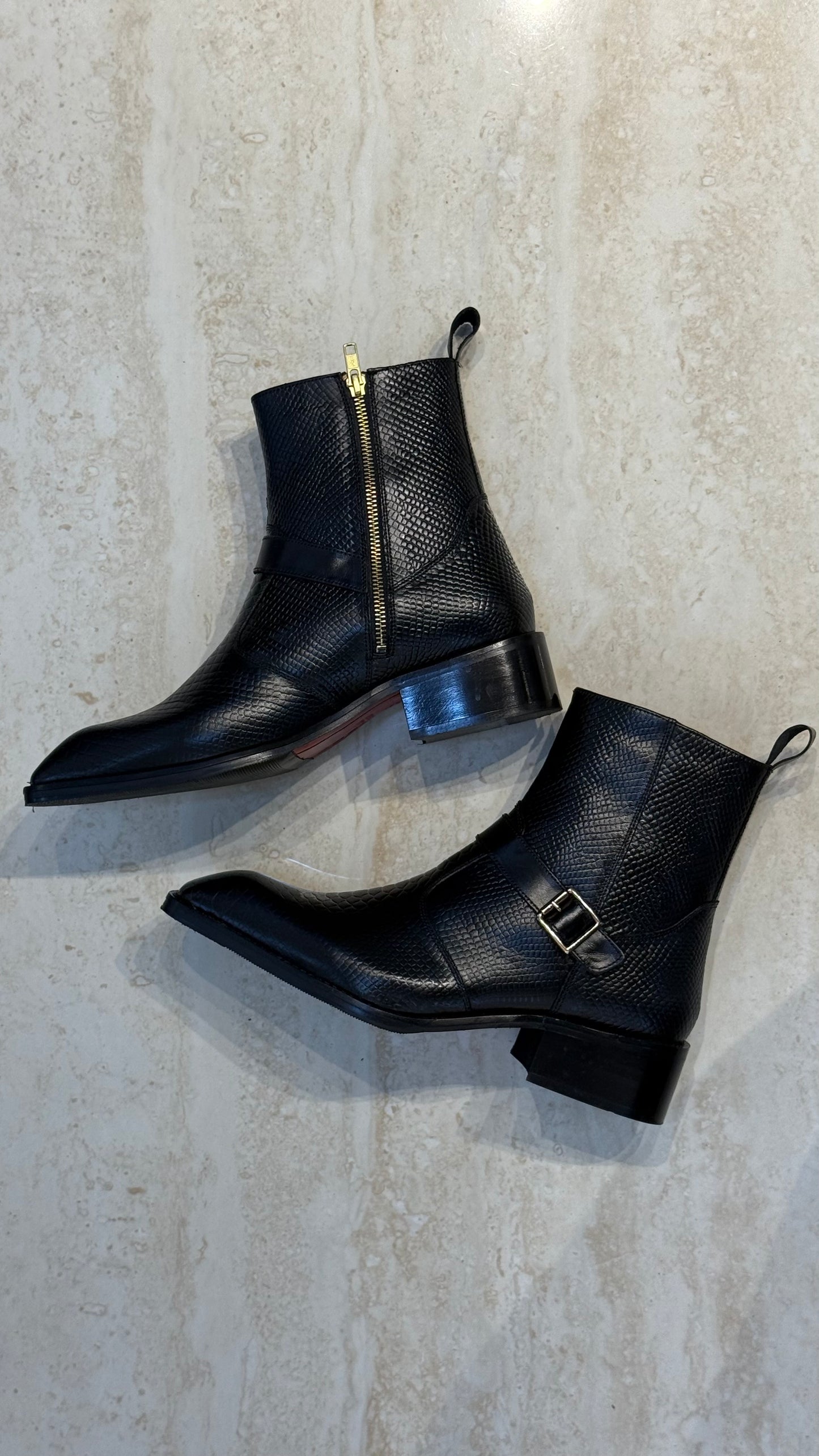 Cuban Heel Square-Toe Black Snake-Patterned leather Chelsea Boot