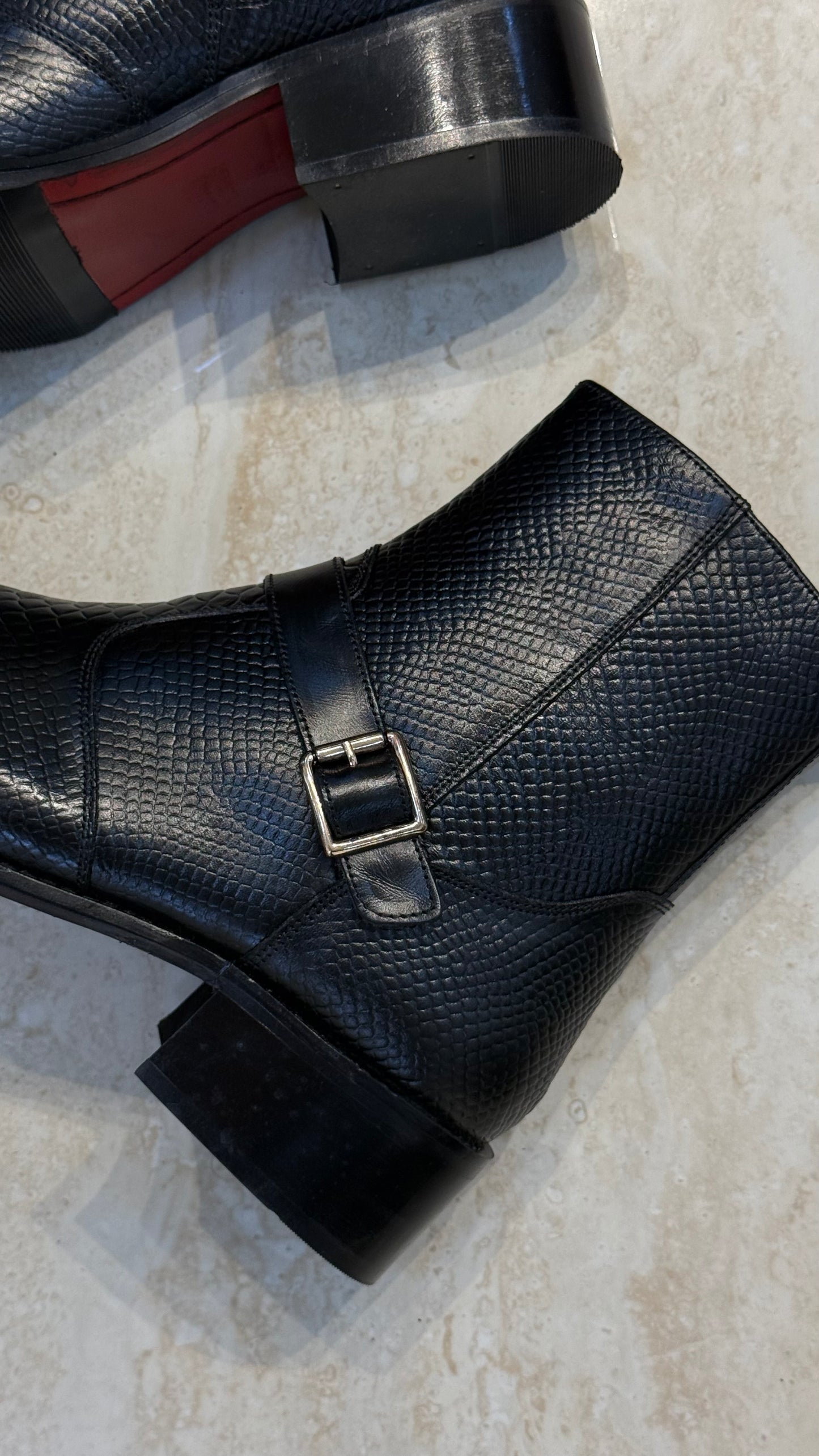 Cuban Heel Square-Toe Black Snake-Patterned leather Chelsea Boot