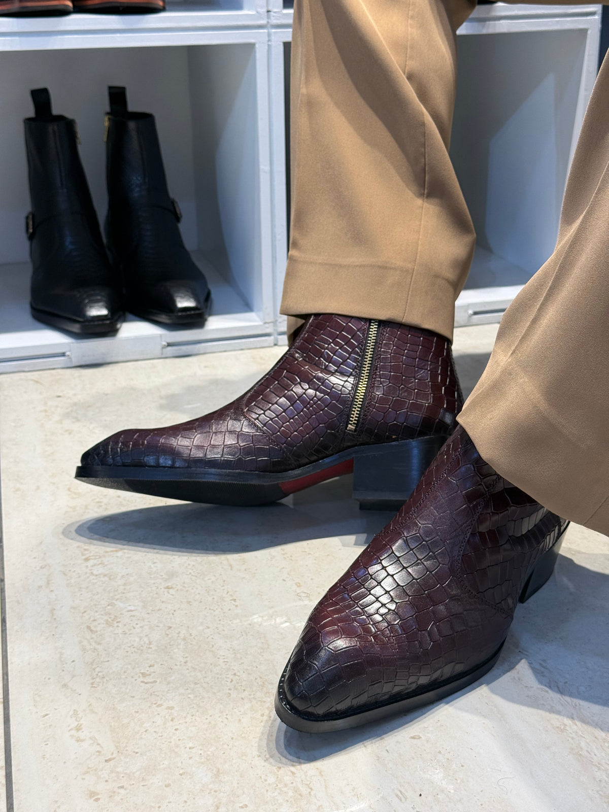 Cuban Heel Croco leather Burgundy Chelsea Boot