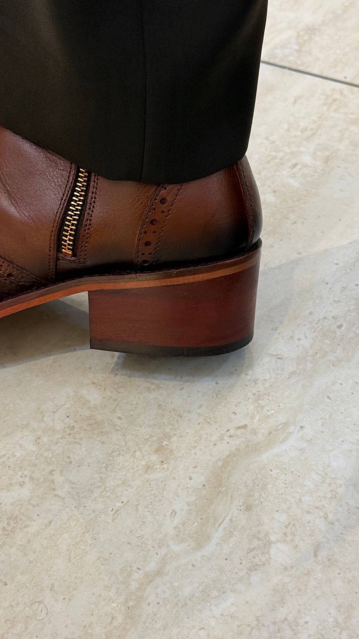Cuban Heel Square-Toe Brogue Chelsea Boot