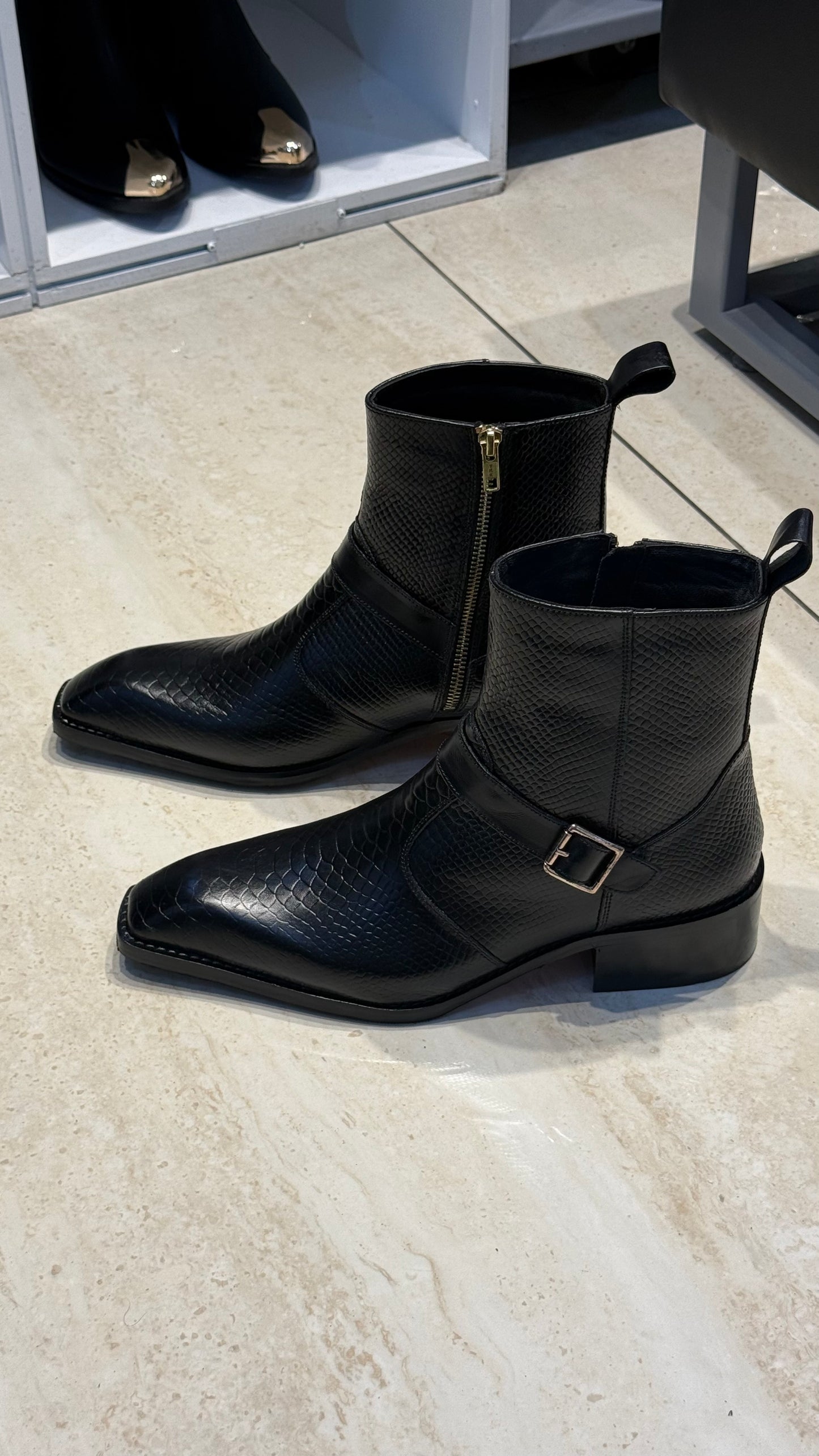 Cuban Heel Square-Toe Black Snake-Patterned leather Chelsea Boot