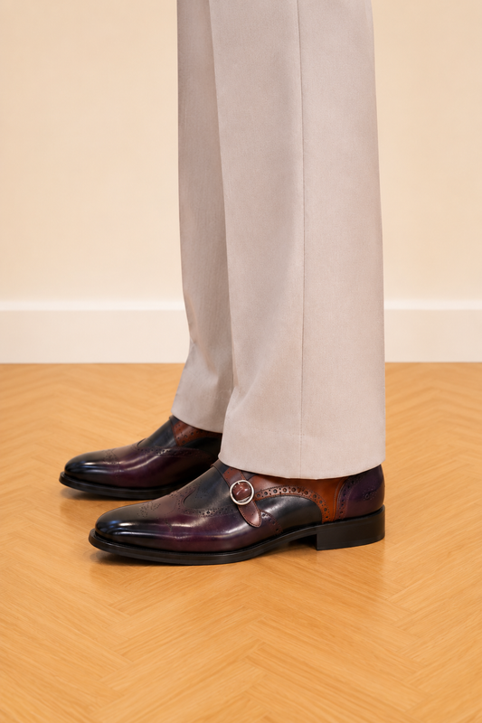 Hand-Painted Double Monk Strap Wingtip Dress Shoes – Burgundy Brown Patina Leather