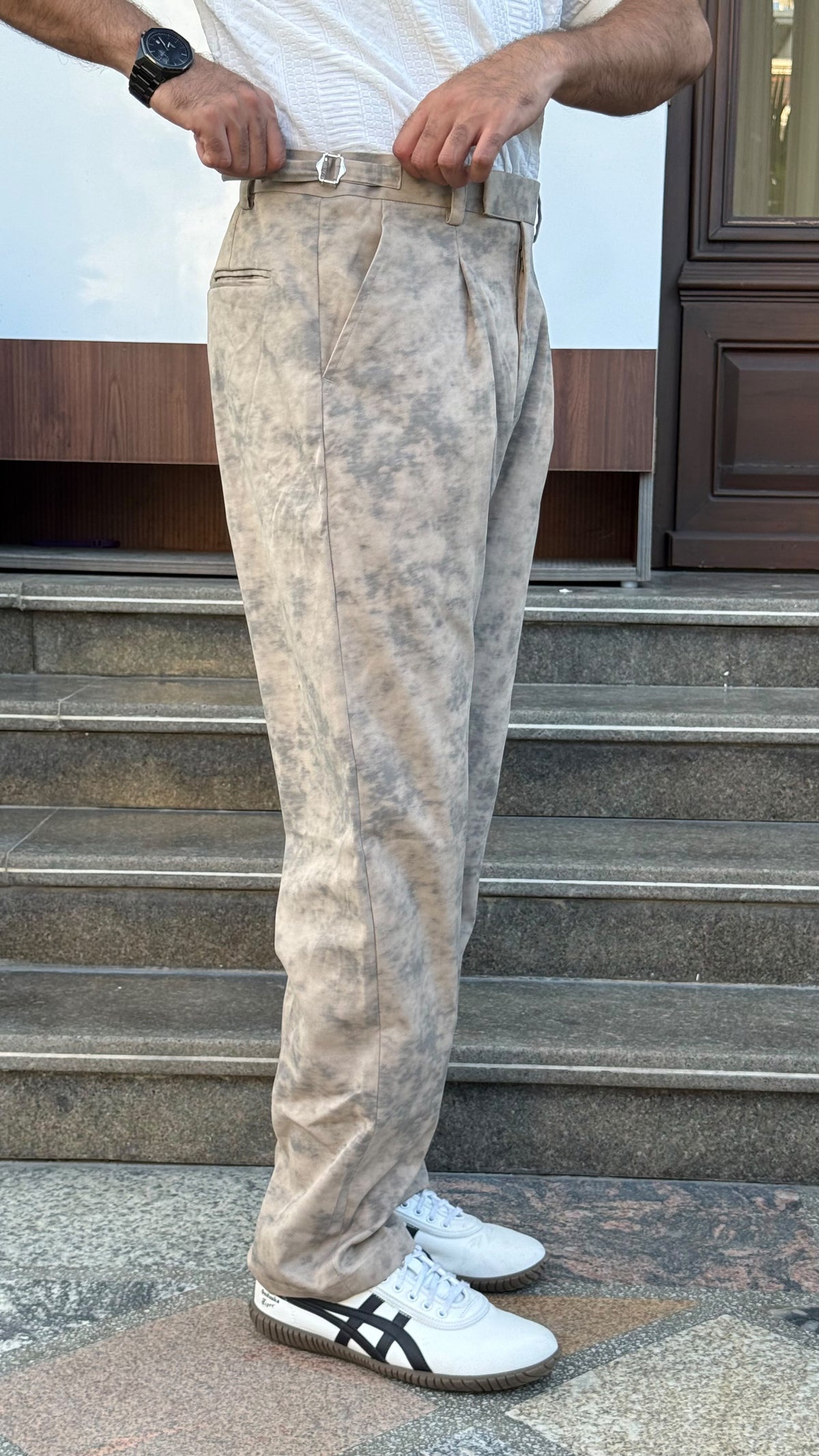 MUDIH Beige Italian Marble Print Relaxed Trousers