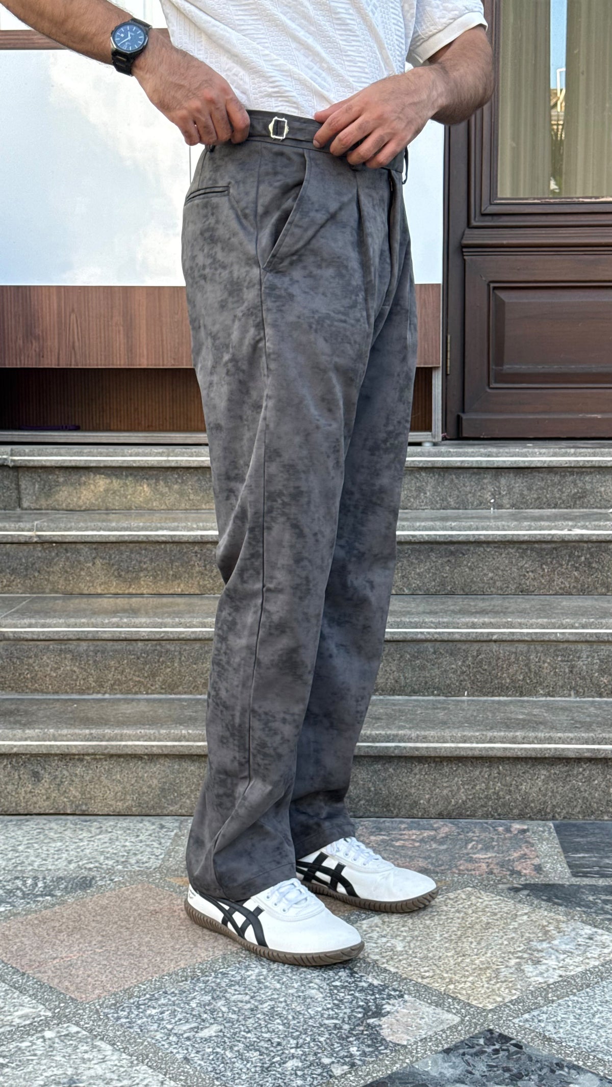 MUDIH Charcoal Grey Italian Marble Print Relaxed Trousers