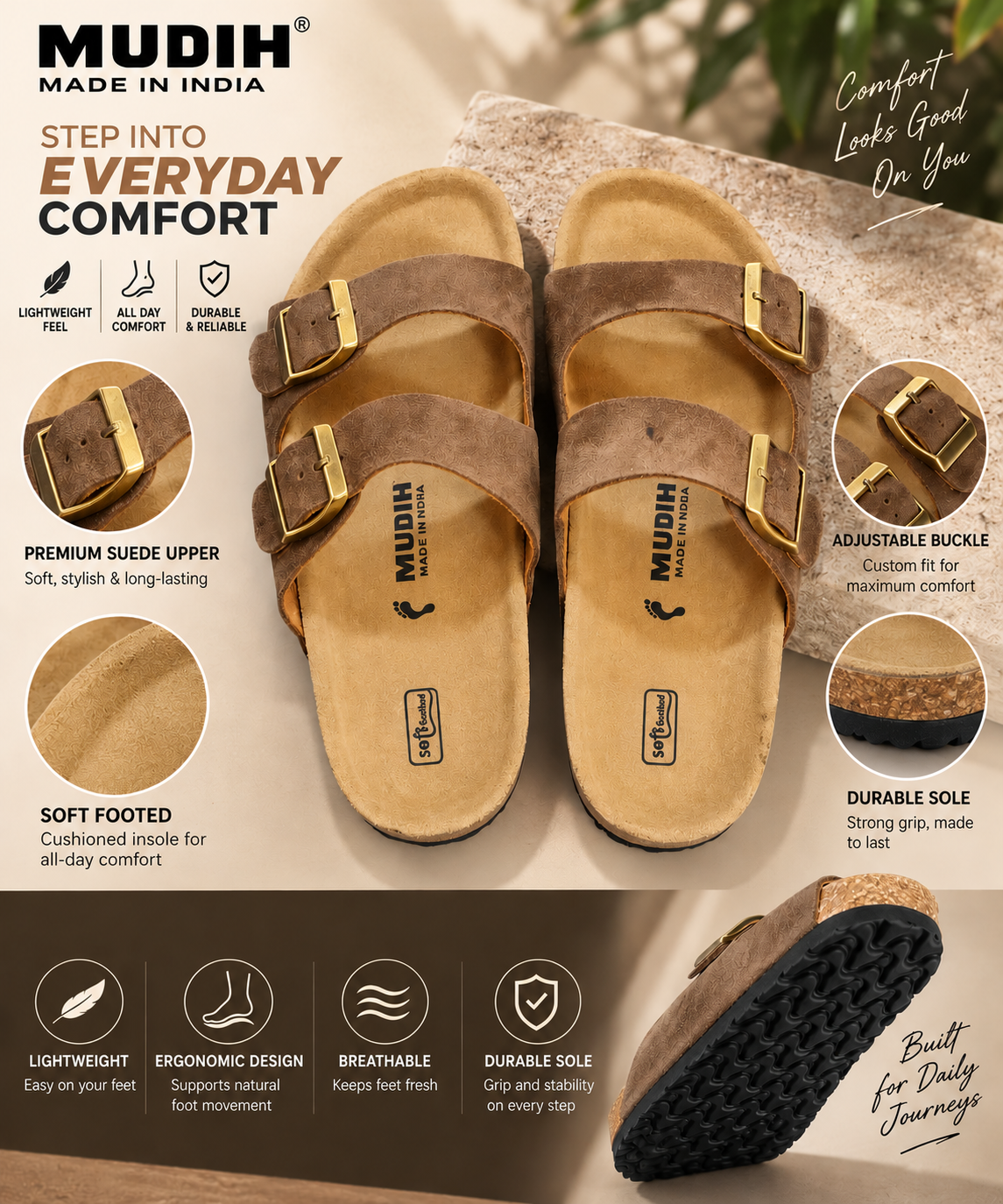 MUDIH Soft Footbed Suede Leather Sandals