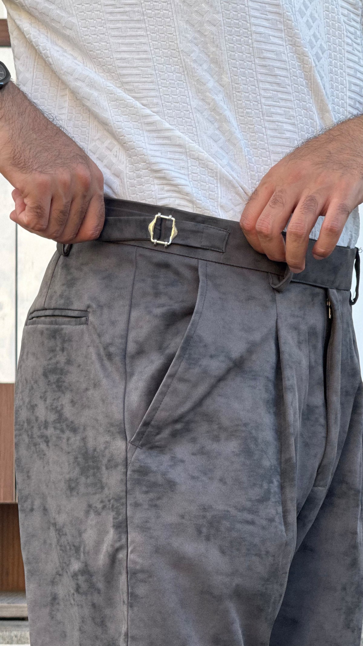 MUDIH Charcoal Grey Italian Marble Print Relaxed Trousers