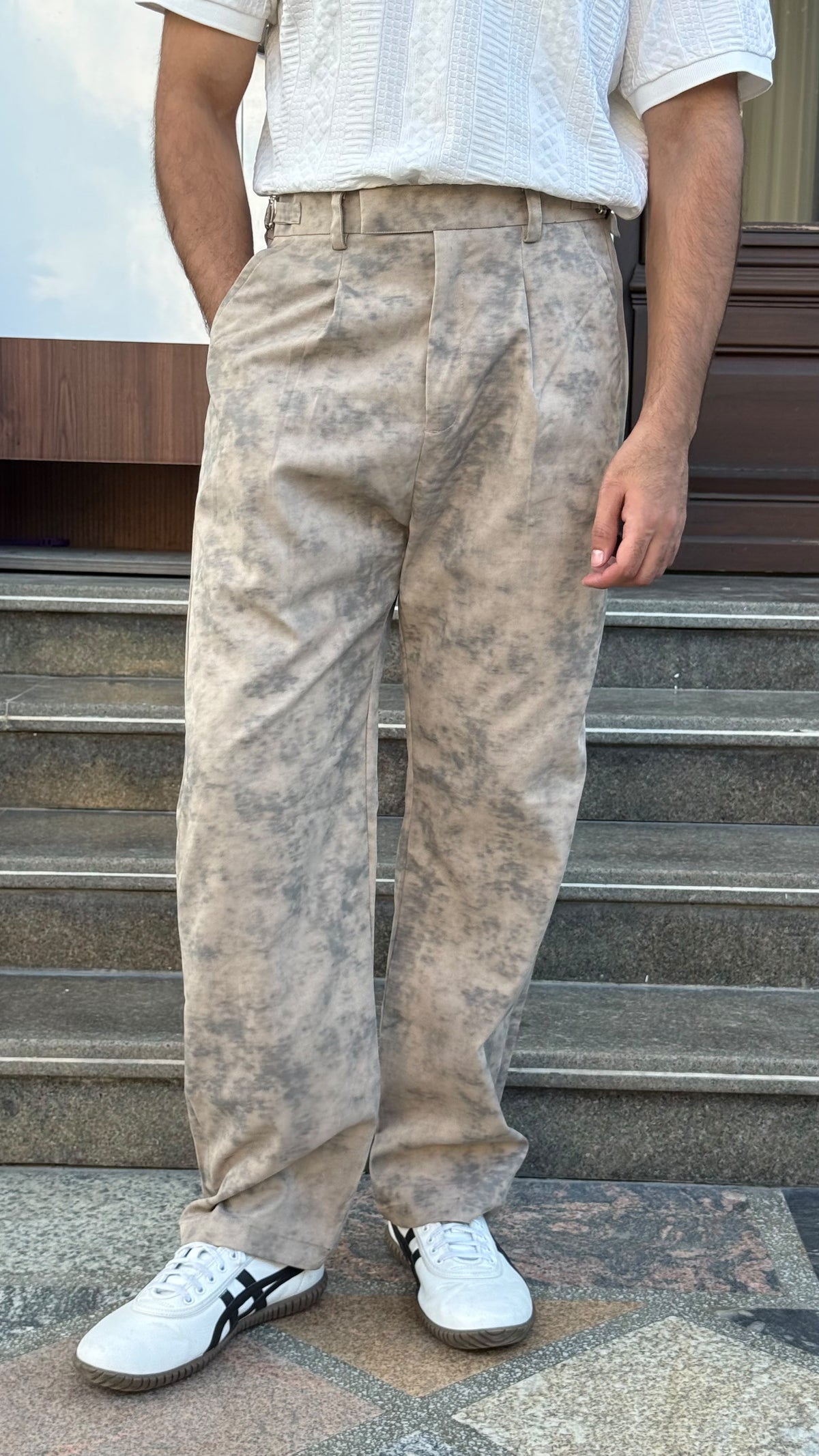 MUDIH Beige Italian Marble Print Relaxed Trousers