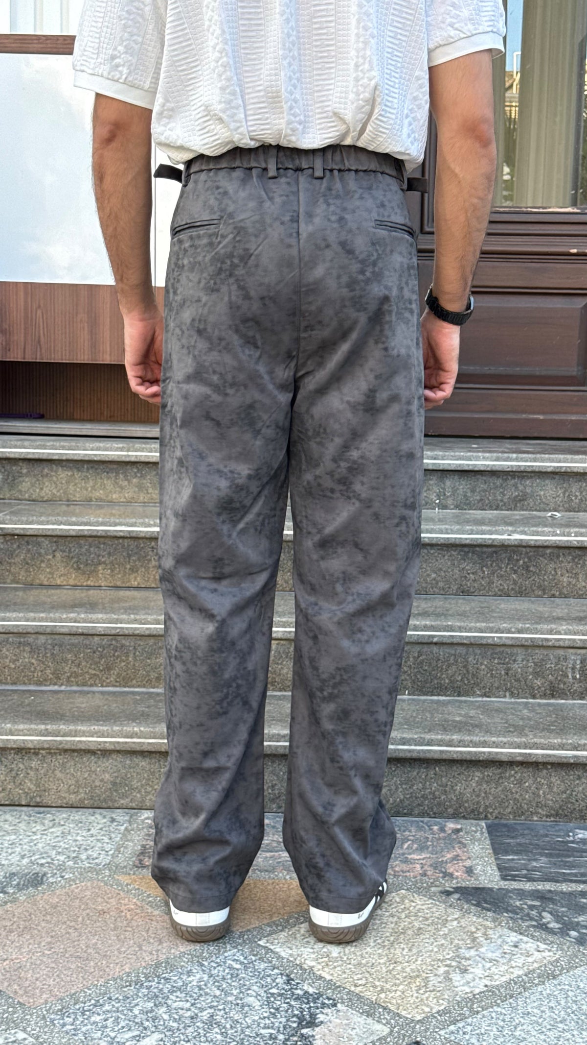 MUDIH Charcoal Grey Italian Marble Print Relaxed Trousers