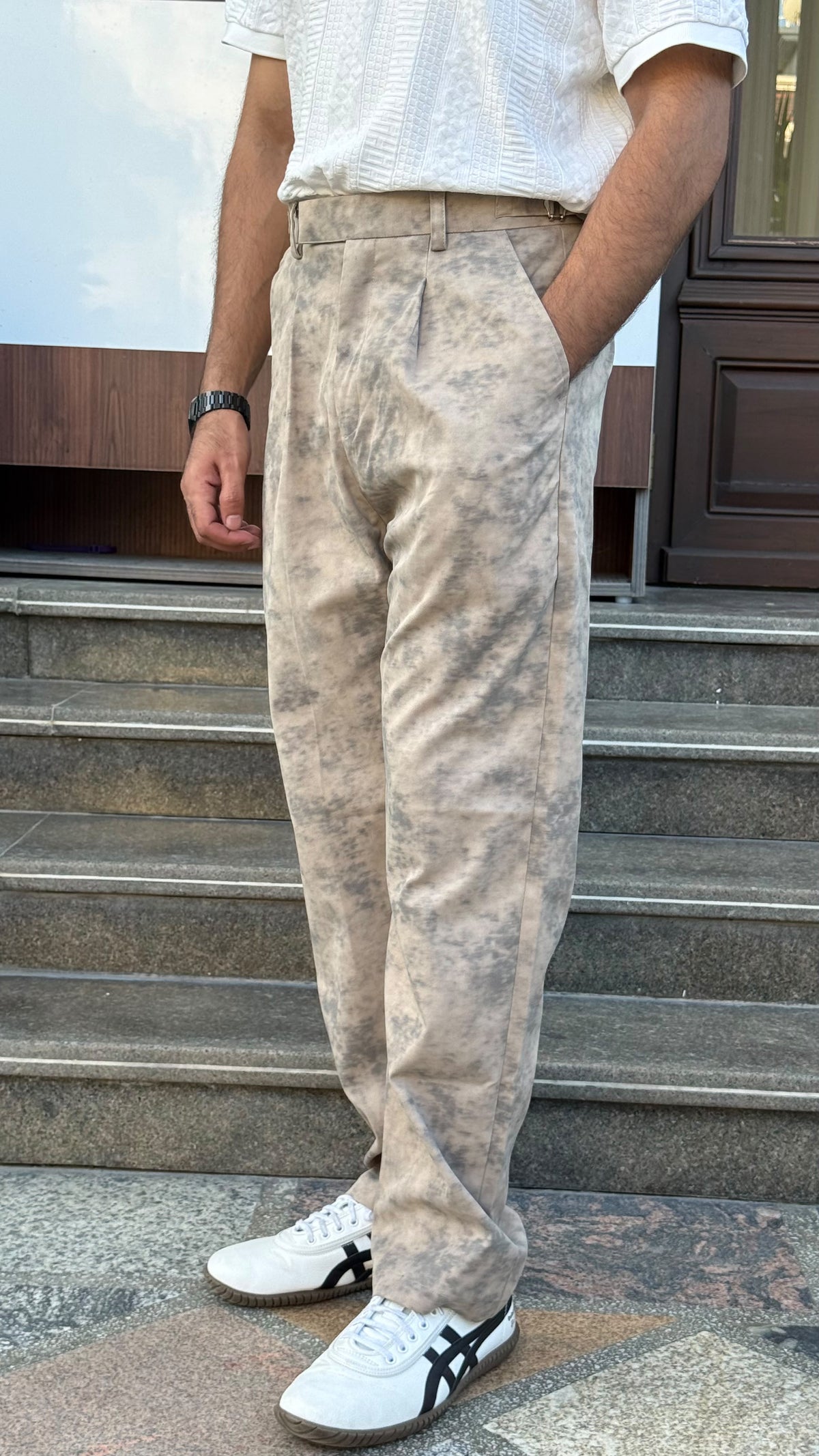 MUDIH Beige Italian Marble Print Relaxed Trousers