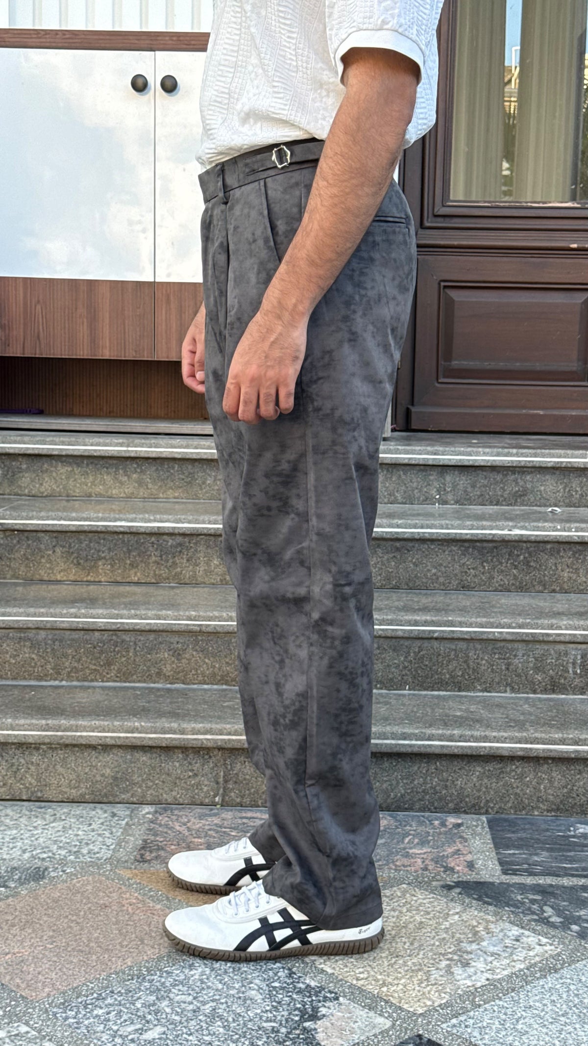 MUDIH Charcoal Grey Italian Marble Print Relaxed Trousers