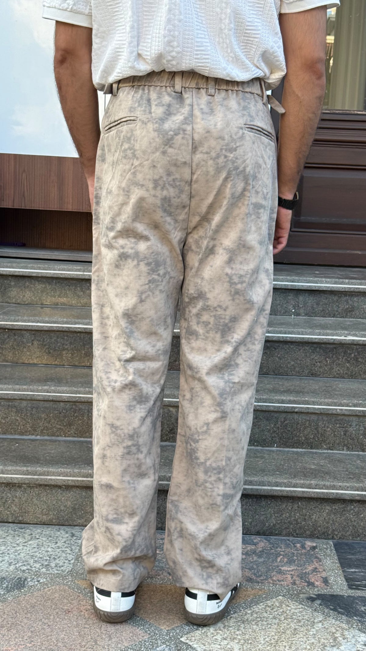 MUDIH Beige Italian Marble Print Relaxed Trousers